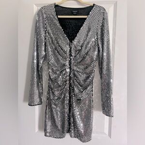 Marciano Sequin Silver & Black Front Zip Rachel Mini Dress – Size M